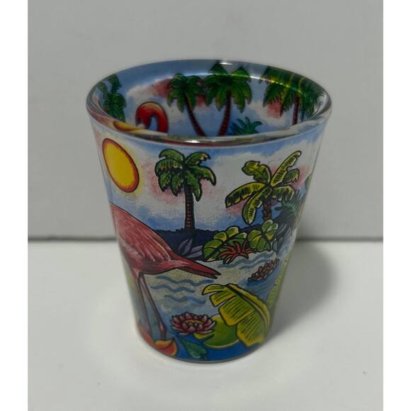 Bonaire Shot Glass Flamingo Palm Tree Beach 2 1/4" tall Liquor - Picture 3 of 3
